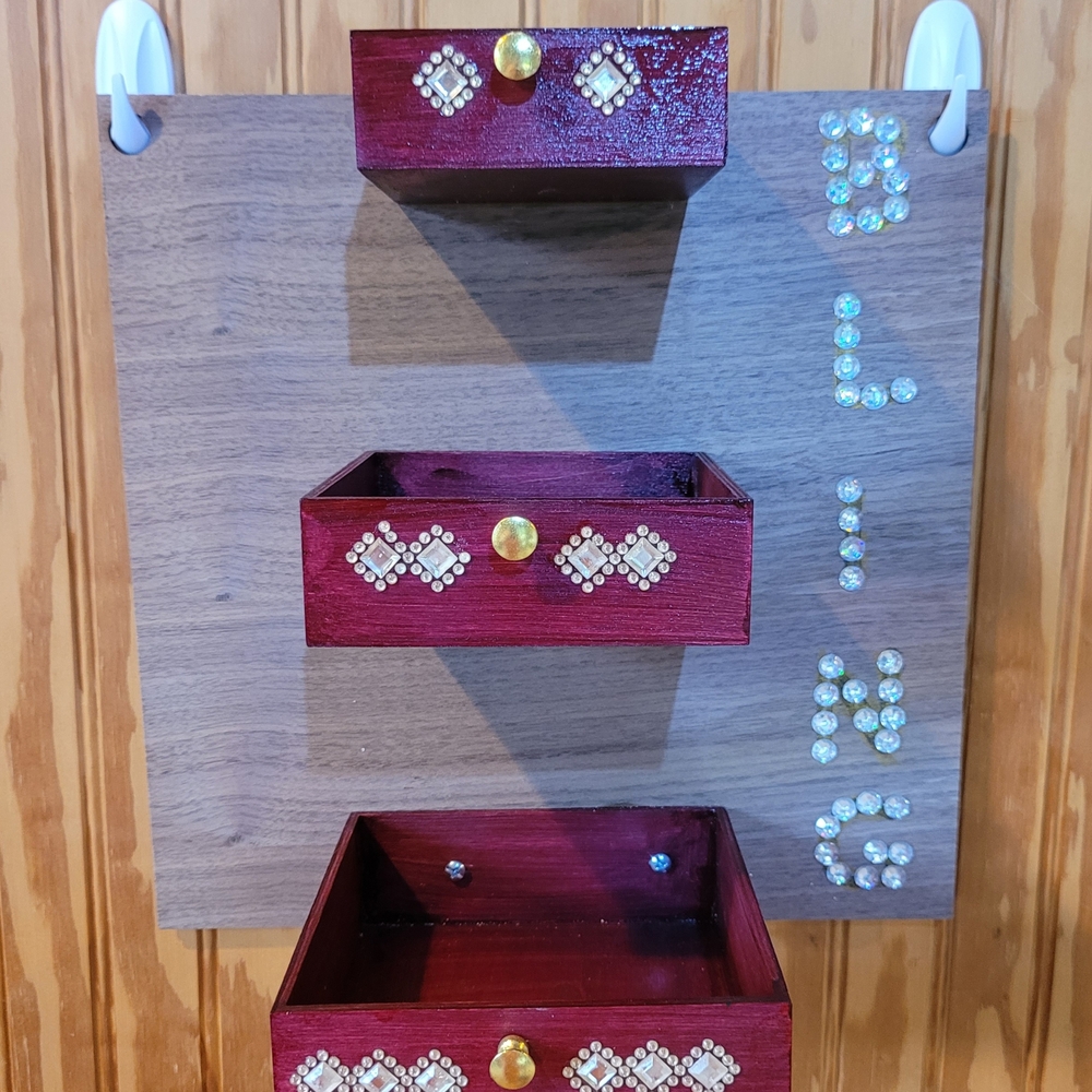 Handmade Bling Wall-Mounted Storage Organizer with Dark Red Drawers